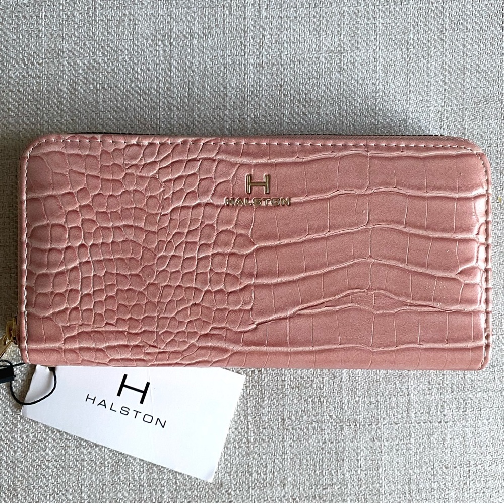 H by Halston Croc Embossed Pink Blush Gold Crocodile Accordion Zip Walle…